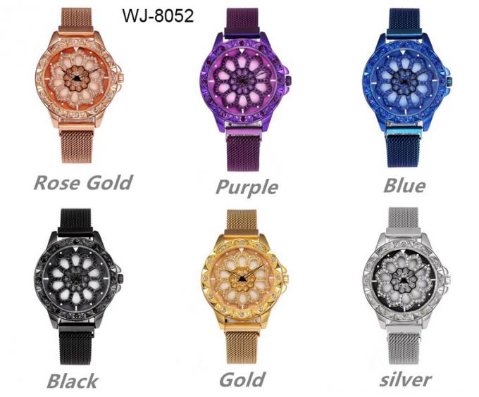 WJ-8656 รูปแบบใหม่สีม่วงสแตนเลสนาฬิกาวงล้อแม็กกรณี 5 สีสายแม่เหล็กนาฬิกาควอทซ์อะนาล็อก